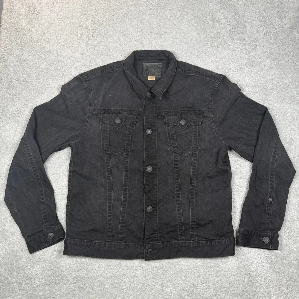 True Religion‎ Mens Black Denim Trucker Jacket XXL Horseshoe Stitching Y2K Moto
